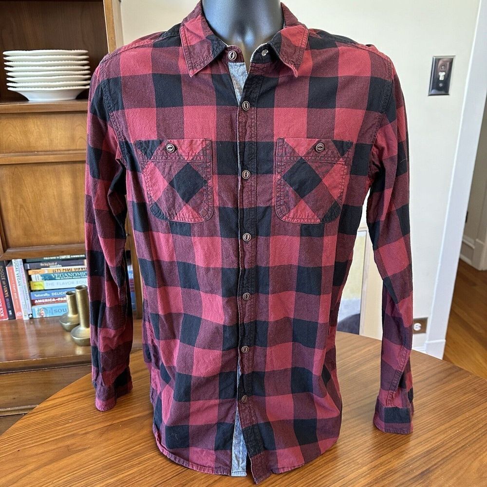 Vintage Ruff Hewn Mens Red/Black Long Sleeve Button Down Plaid Shirt Size Small